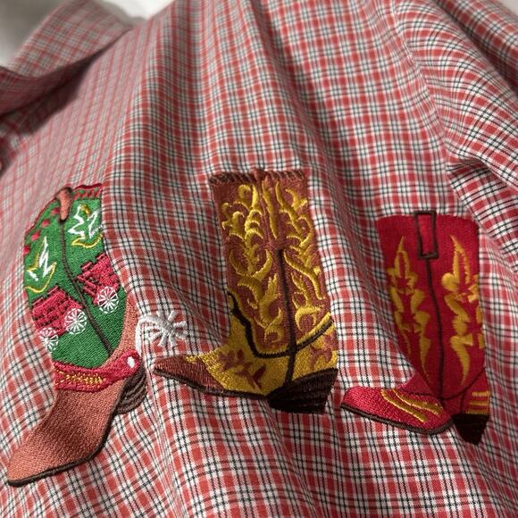 Vintage croquet plaid cowboy boot embroidered button up long sleeve shirt Size L - Picture 3 of 5